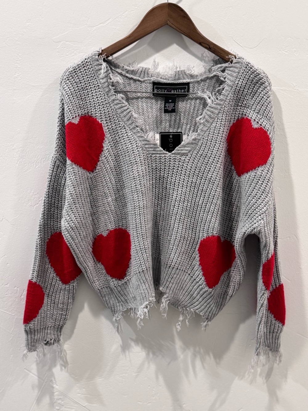 NWT! Polly & Esther Gray Chunky Knit Oversized Sweater w/ Red Hearts Size Medium